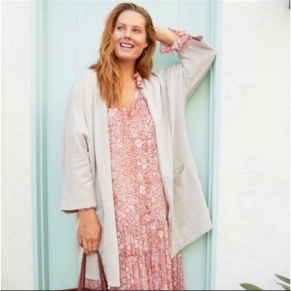 Anthropologie Donni Women’s Relaxed Rib Grey Cream Cardigan Kimono Size OS - Picture 2 of 10